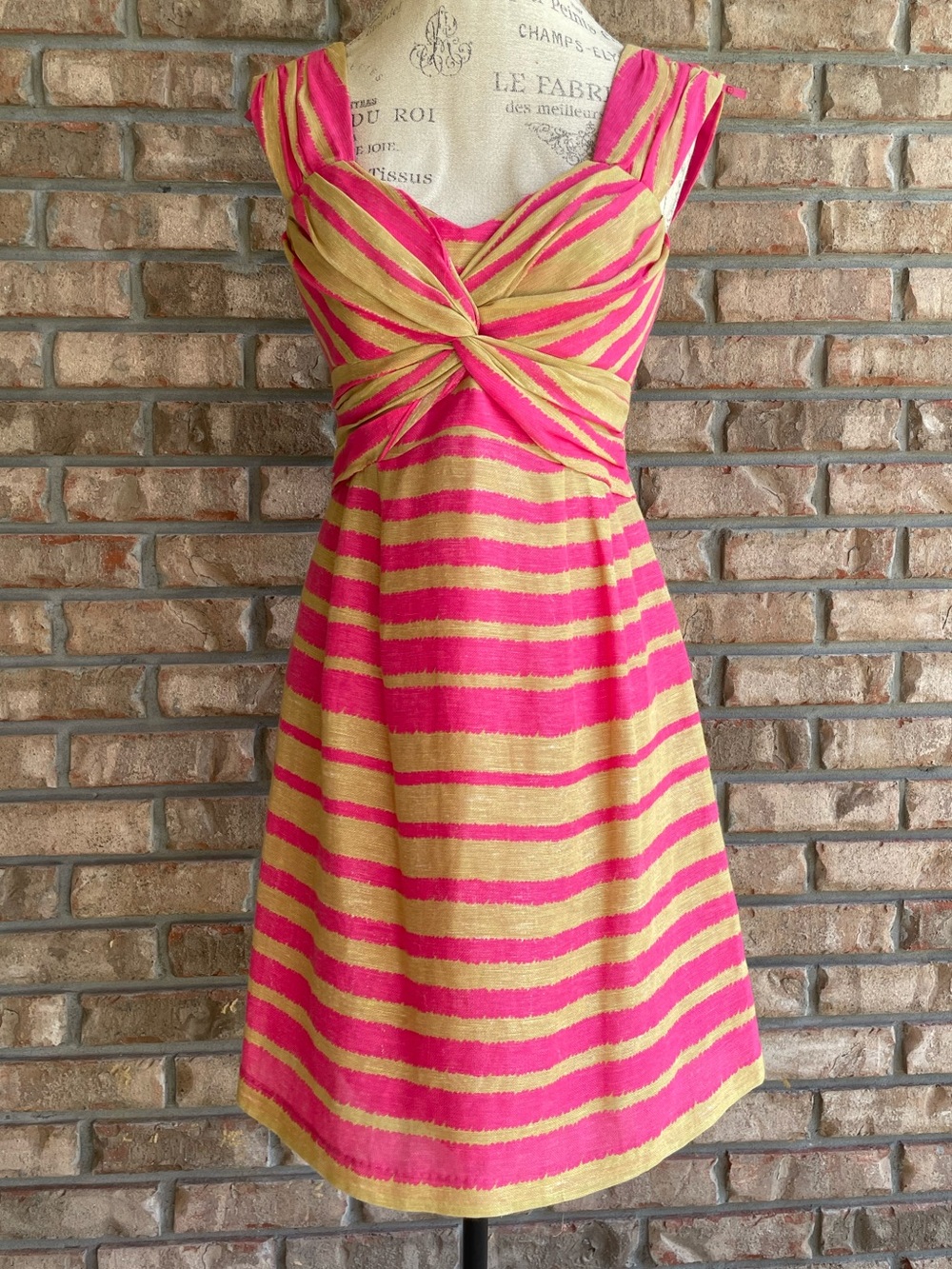 Nanette Lepore Pink and Gold Striped Silk/Linen Blend Twist-Front Midi Dress.